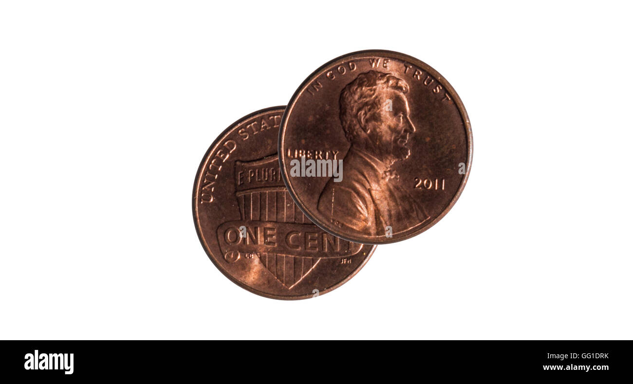 Parte anteriore e posteriore del centesimo di dollaro USA su sfondo bianco Foto Stock