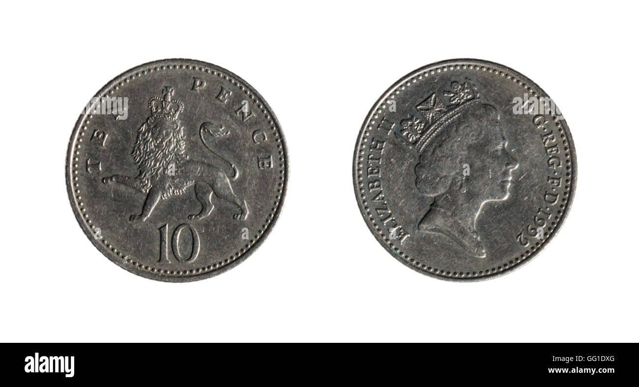 Fronte e retro di una moneta da dieci centesimi moneta su sfondo bianco Foto Stock