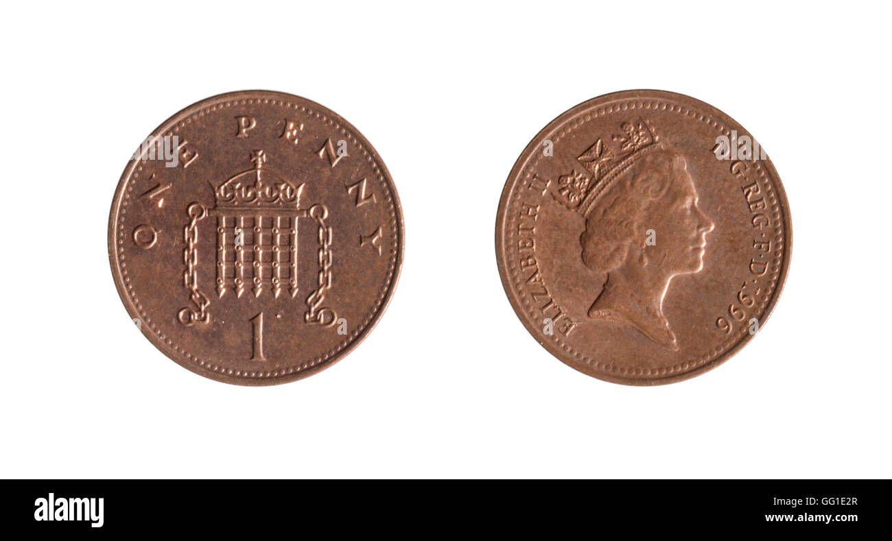 Fronte e retro di una moneta da un centesimo moneta su sfondo bianco Foto Stock