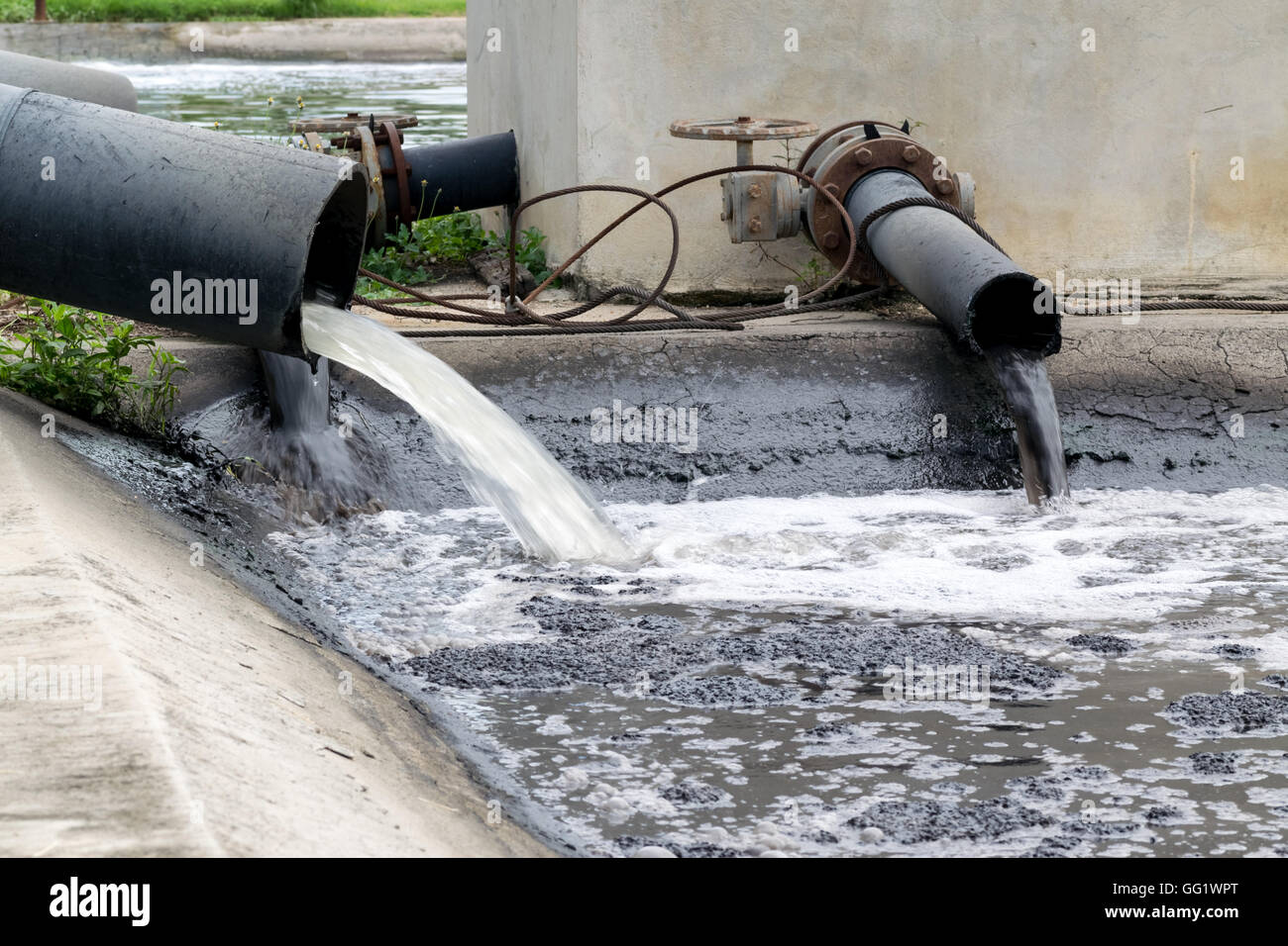 Inquinamento di acqua nel fiume perché non industriali trattare l' acqua prima dello scarico. Foto Stock