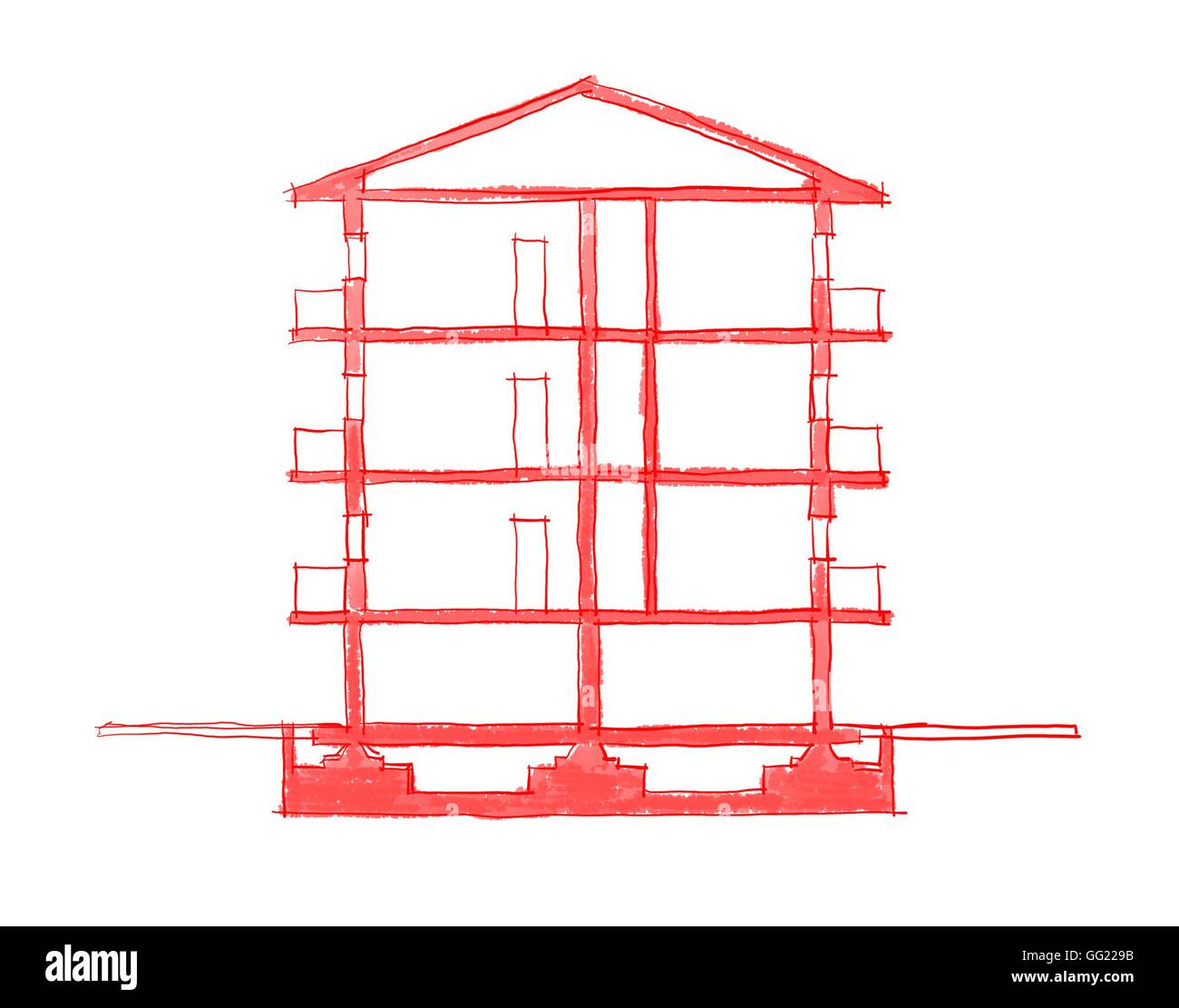 2d disegno a mano libera illustrazione della costruzione di sezione verticale Foto Stock