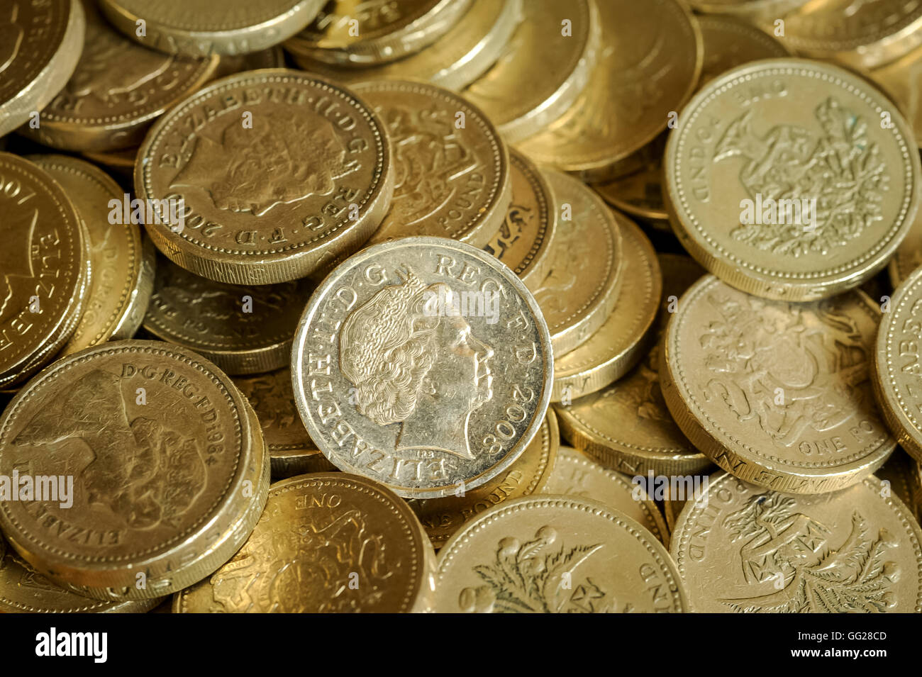 Un mucchio di British pound monete. Foto Stock