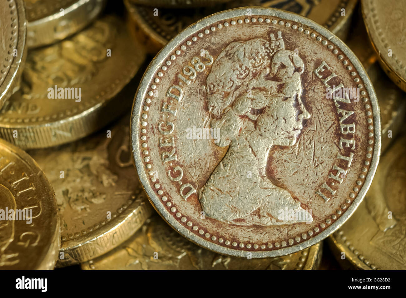 Un mucchio di British pound monete. Foto Stock