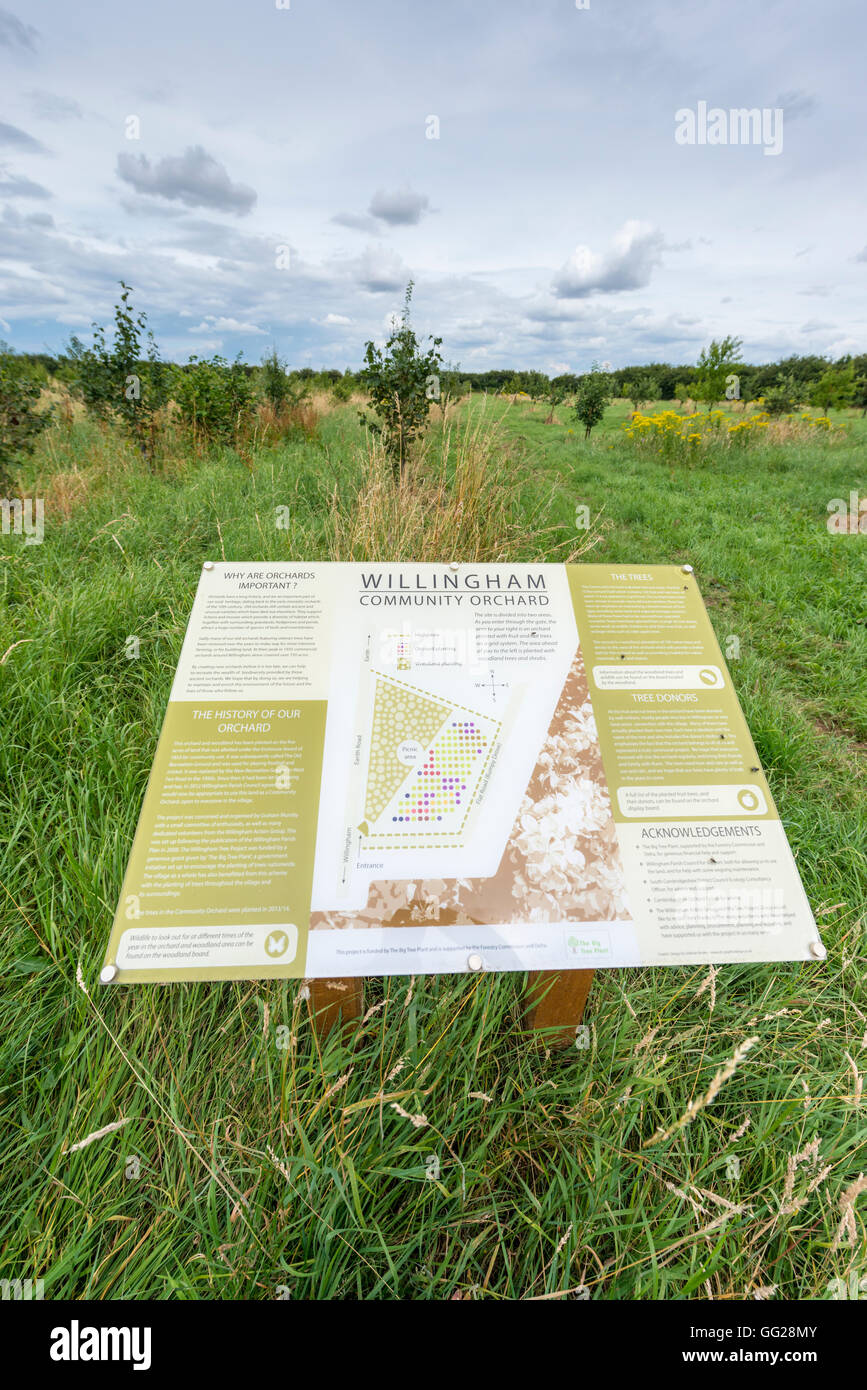 Un segnale di informazione presso la Comunità Willingham frutteto di Willingham Cambridgeshire Regno Unito Foto Stock