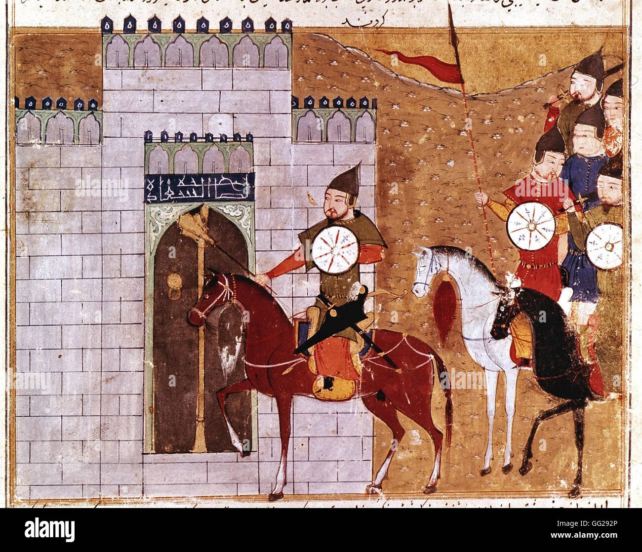 Rashid Al-Din (1247-1318) Le général Moukha et les troupes assiègent mongoles la ville de Tchang-Dou, dynastie Qin (lombata) miniatura du Jami al-tawarikh (Histoire universelle). 14e siècle Paris, Bilbiothèque Nationale Foto Stock