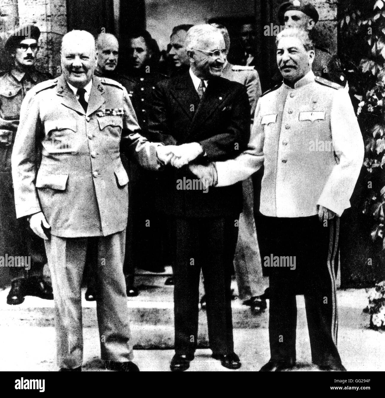 Conferenza di Potsdam. Truman, Stalin e Churchill Novembre 1945 Seconda Guerra Mondiale Foto Stock