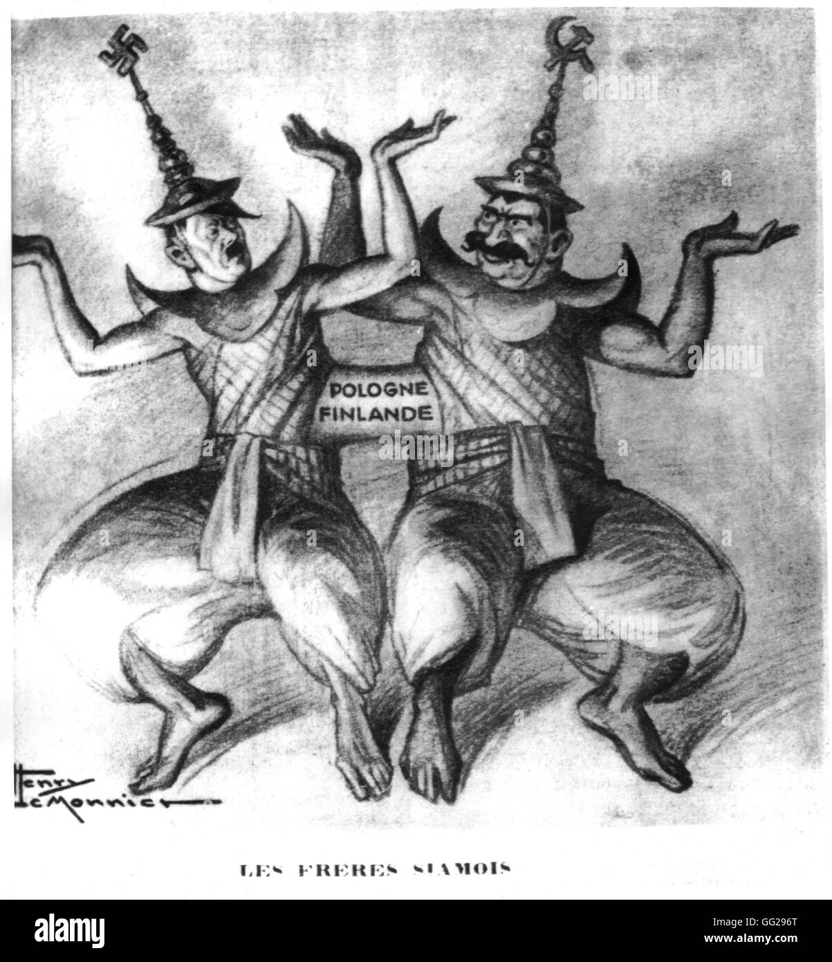 Vignetta satirica da Henri Le Monnier, pubblicato in 'Marianne': gemelli siamesi. Hitler e Stalin legato dalla Polonia e Finlandia 21 febbraio 1940 FRANCIA - SECONDA GUERRA MONDIALE Foto Stock