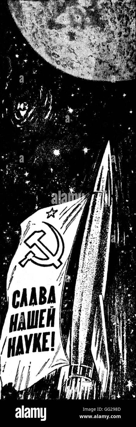 Disegno in 'Sovietskaya' : 'Gloria alla nostra scienza", (oggi, a 2 min 24 s. dopo la mezzanotte ora di Mosca, il razzo spaziale ha raggiunto la luna) Settembre 14, 1959 U.R.S.S. Foto Stock