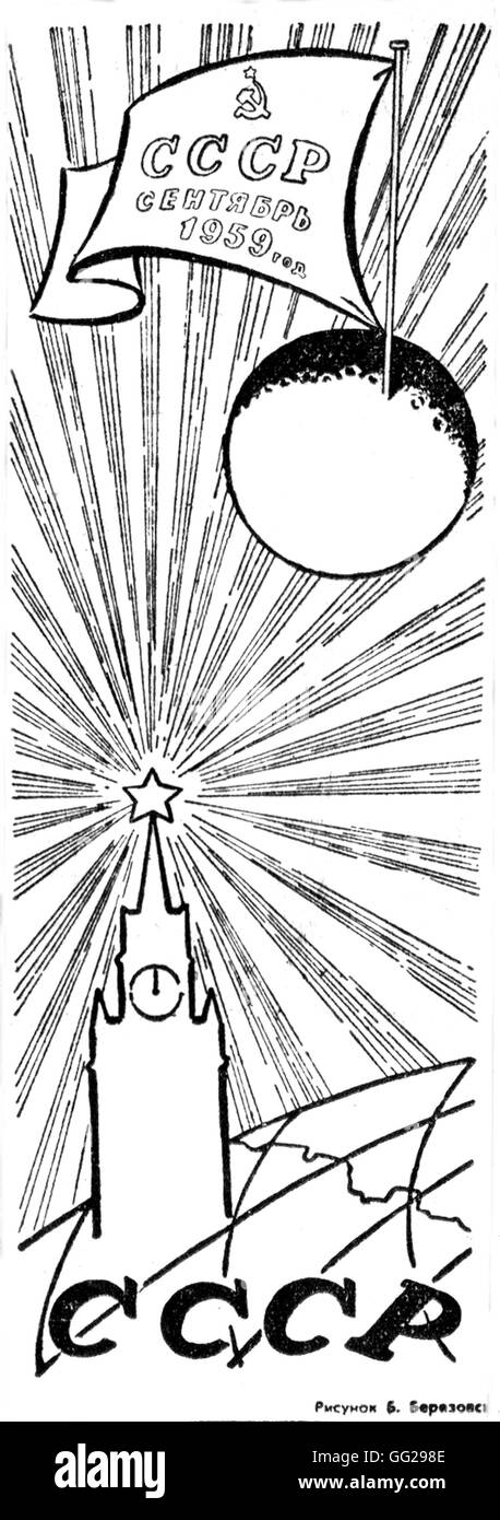 Disegno in "Pravda" : 'U.S.S.R, settembre 1959', (oggi, a 2 min 24 s. dopo la mezzanotte ora di Mosca, il razzo spaziale ha raggiunto la luna) Settembre 14, 1959 U.R.S.S. Foto Stock