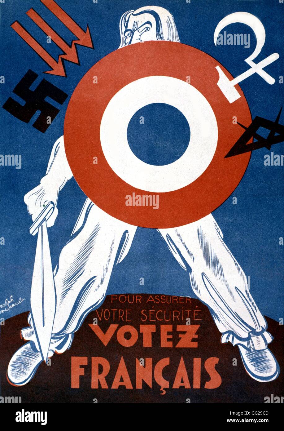 Vignetta satirica da Ralph Soupault in 'Le Charivari' al momento delle elezioni in Francia nel 1936. Contro: il comunismo, SFIO, libero in muratura, il nazismo. "Per garantire la vostra sicurezza, voto francese". Foto Stock