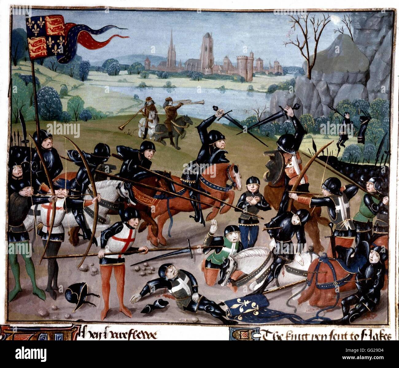 Manoscritto fiammingo. Battaglia di Azincourt (1415) XV C Francia a Lambeth Palace Library Foto Stock