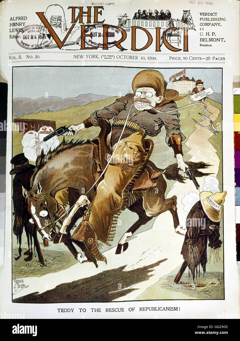 Vignetta satirica in 'Il verdetto': Theodore Roosevelt, il maledetto il cow-boy 1899 Stati Uniti Washington. La biblioteca del congresso Foto Stock