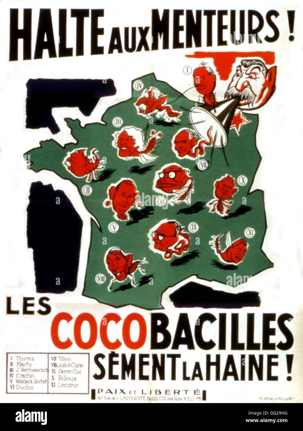 Poster del movimento "Pace e libertà". La propaganda anticomunista durante la Guerra Fredda: 'No più bugiardi! Il 'Cocobacilles' sono diffondere odio' 1950-1953 Francia Washington. La biblioteca del congresso Foto Stock