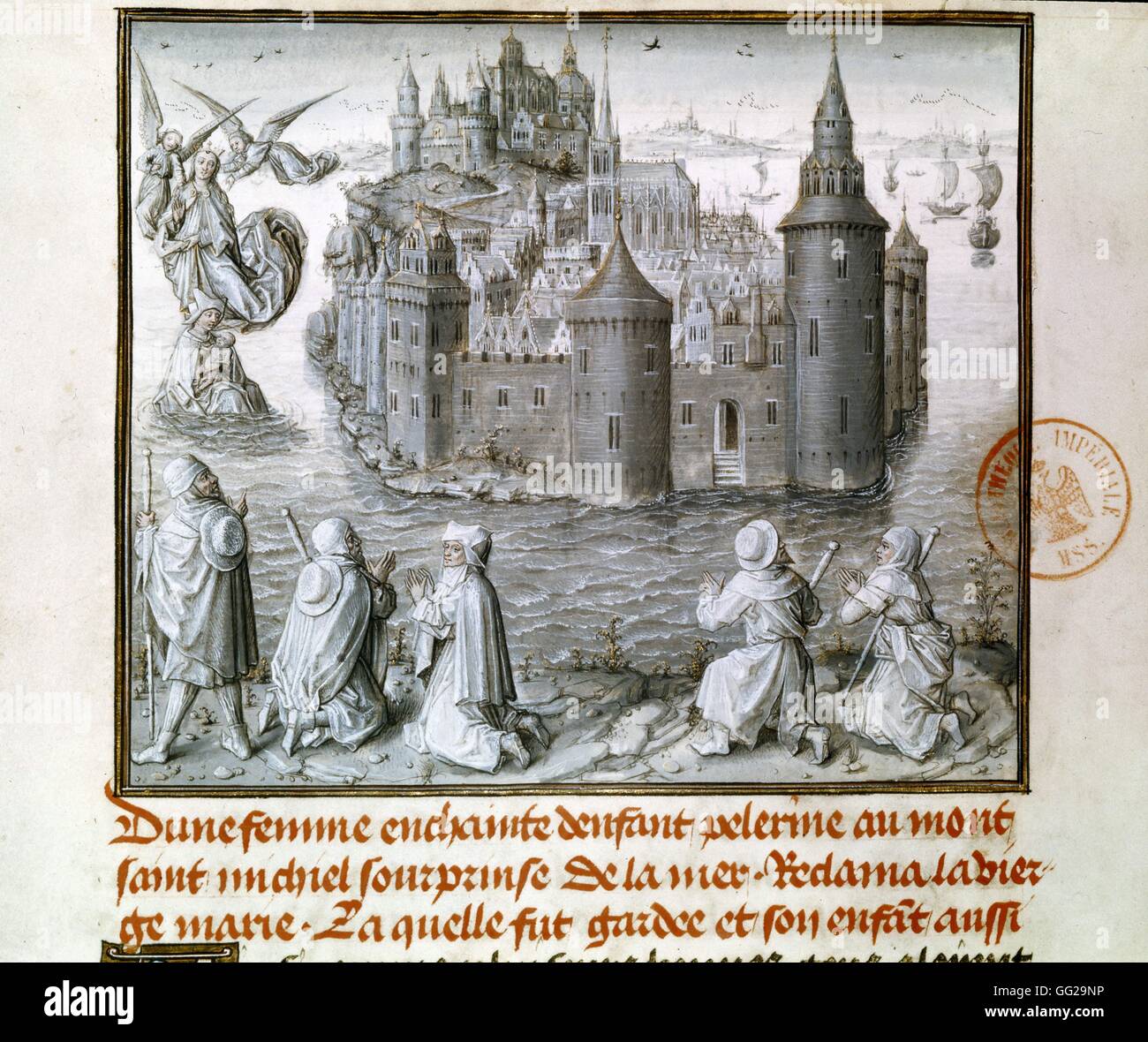 Manoscritto Pellegrini di fronte al Mont Saint Michel in Francia del XV secolo Foto Stock