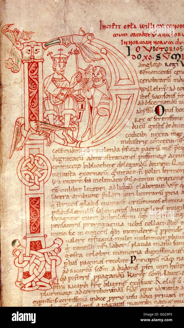 Gesta Normannorum, da Guillaume de Jumièges. Nella caduta iniziale, de Jumièges la manipolazione del suo libro di Guglielmo il Conquistatore manoscritto inizi del XII secolo Rouen, Bibliothèque municipale Foto Stock