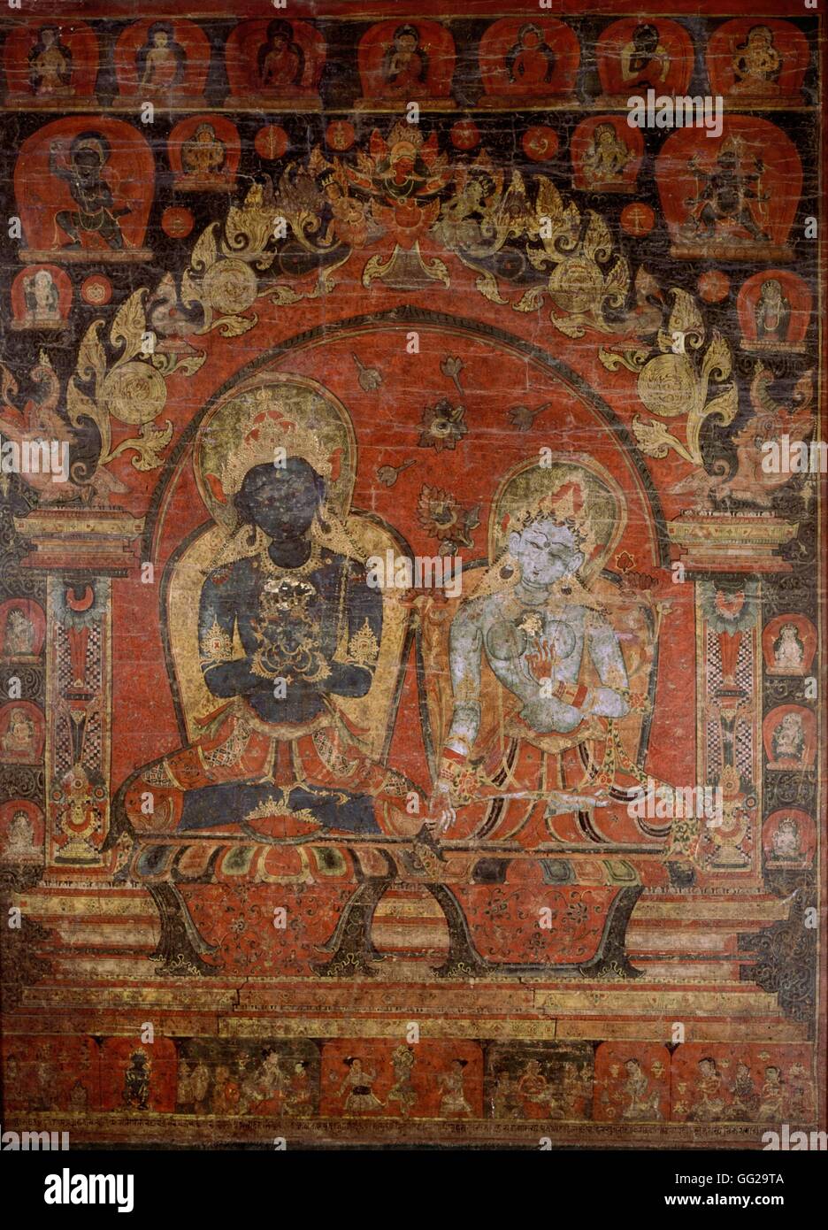 Tela: Vajradhara primordiale con la sua corte xv secolo Népal Parigi, Museo Guimet Foto Stock