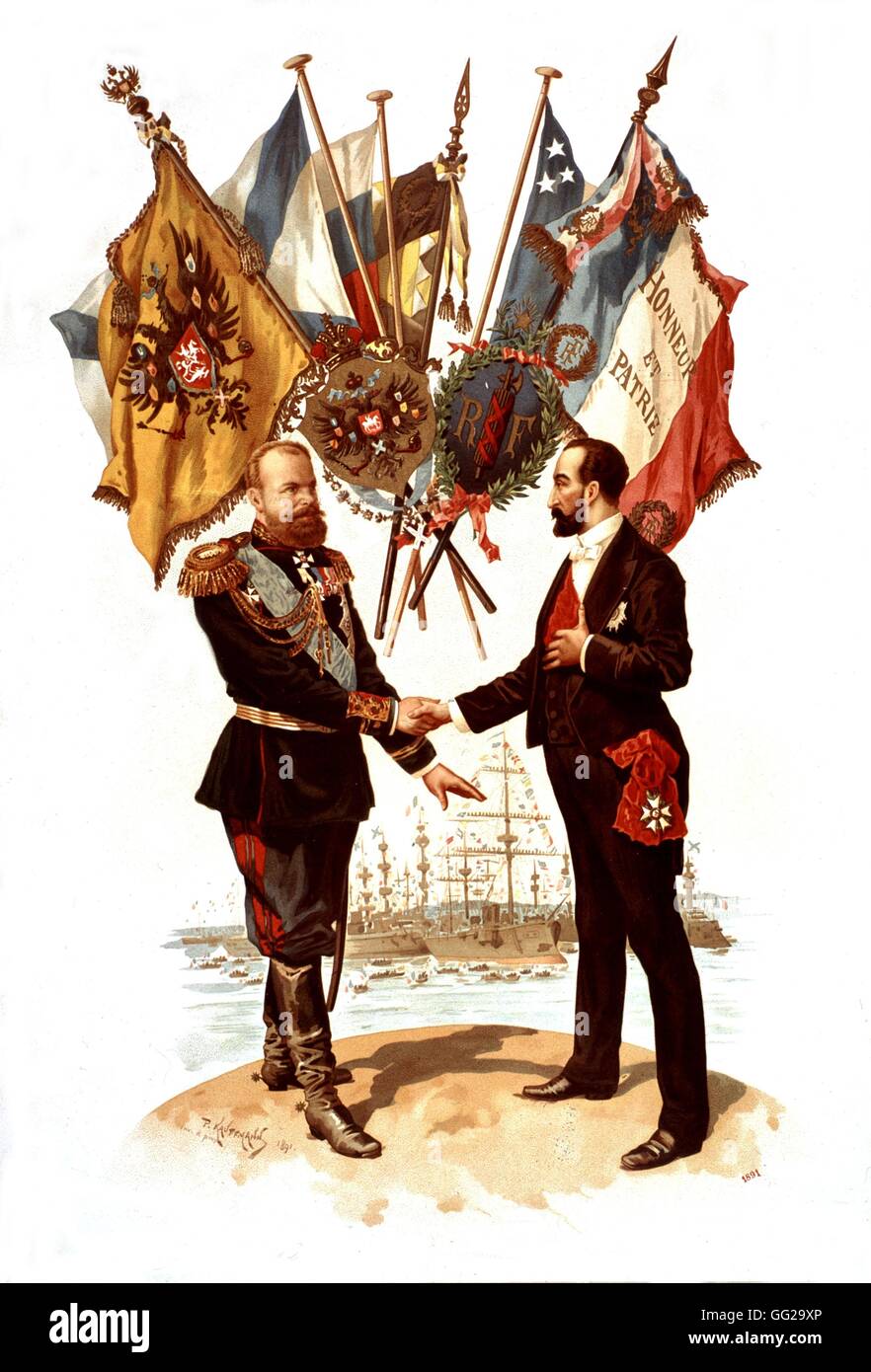 Alexander III, l'imperatore di Russia, stringono le mani con il Presidente della Repubblica francese 1891 Francia Foto Stock