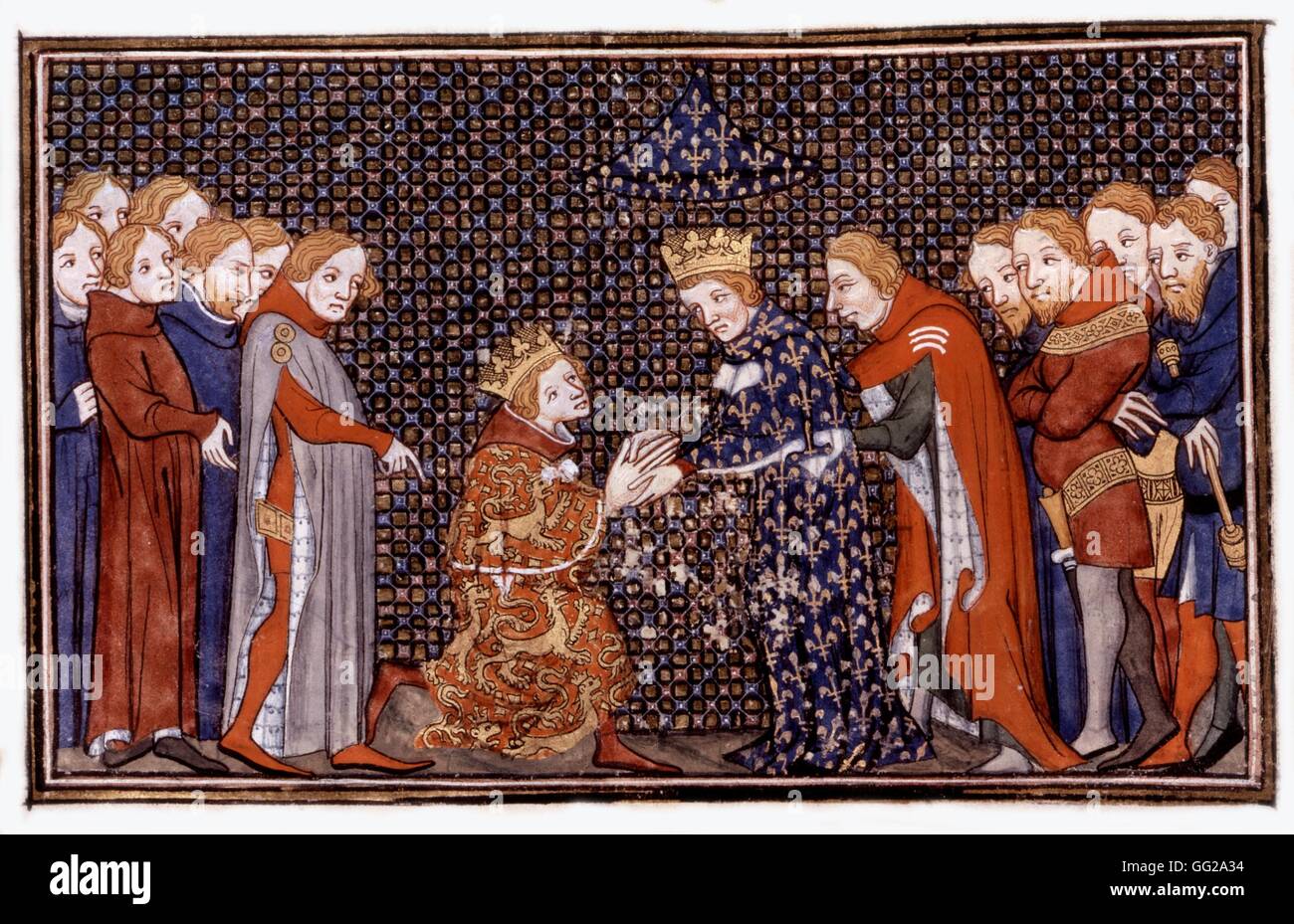 Manoscritto francese Edward III (1312-1377) tenendo il giuramento prima di Filippo VI di Valois (1294-1350) del XIV secolo in Francia Parigi. Bibliothèque de l'Arsenal Foto Stock