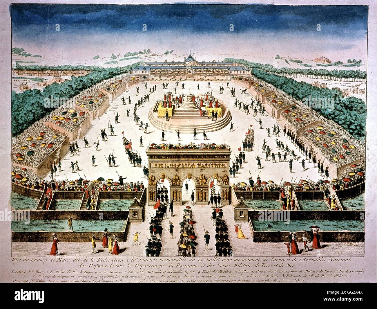 Le feste della Federazione, su Champ de Mars, Parigi: arrivo delle federate rivoluzionari del xviii secolo acquerello (35 x 45 cm) di Versailles, Châteaux de Versailles et de Trianon Foto Stock