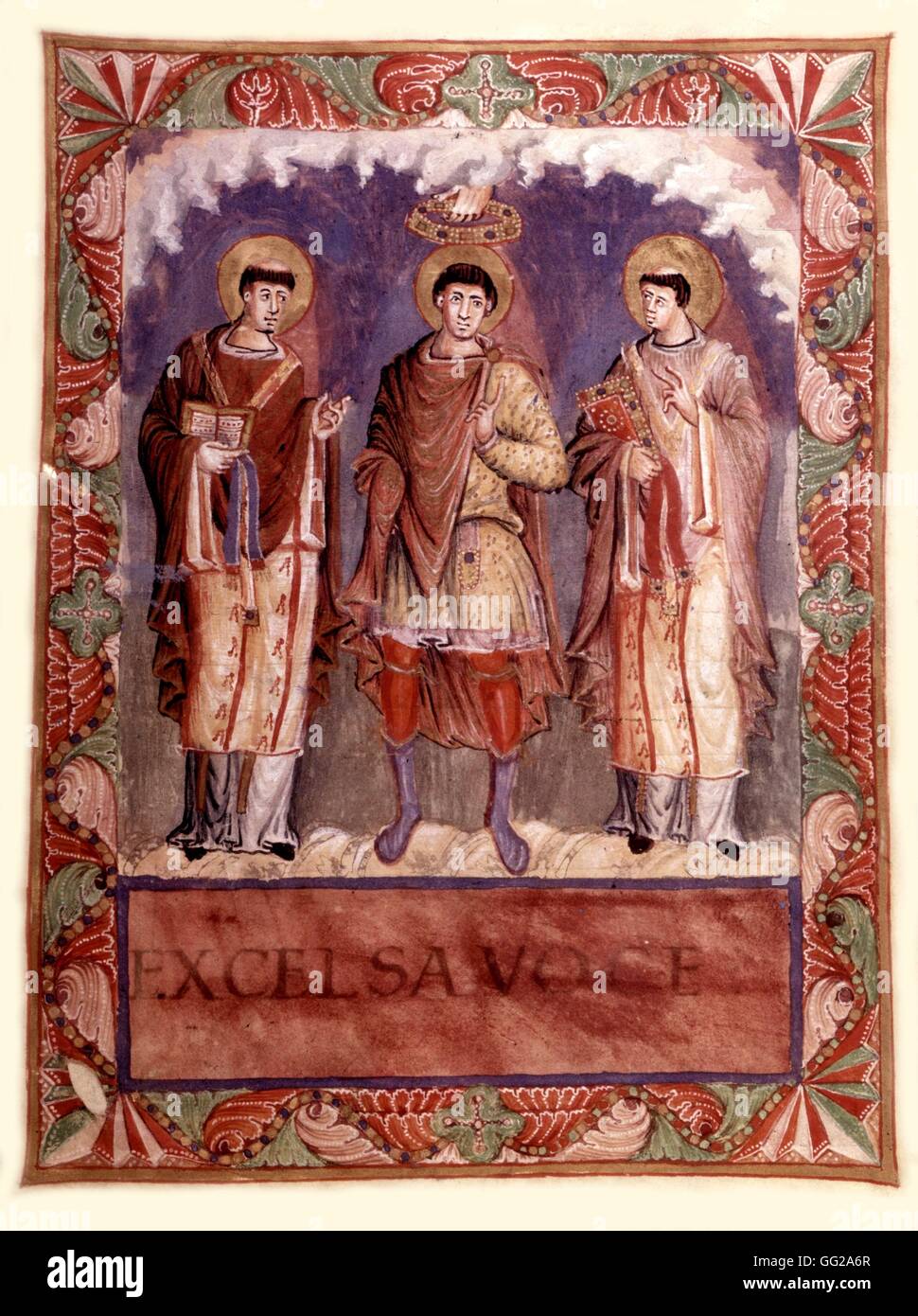Il Sacramentario di Metz: un principe Frankish tra due ecclesiastici la seconda metà del IX secolo in Francia Foto Stock
