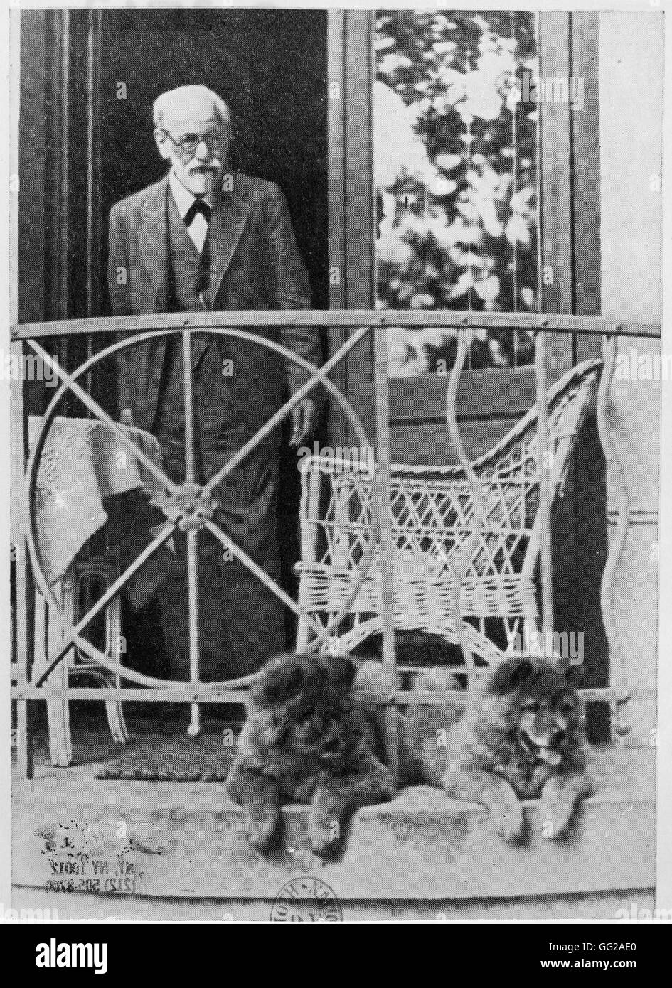 Freud nella sua casa estiva con i suoi due Chow Chow-xx secolo Austria Foto Stock
