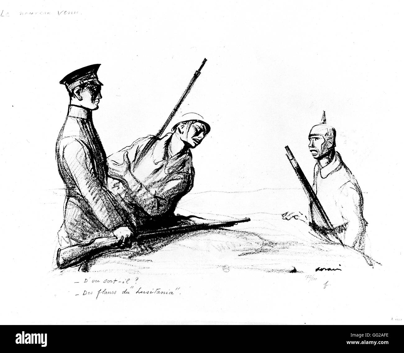 La caricatura da Jean-Louis Forain (1852-1931). " Il nuovo arrivato". (Concernente il Lusitania) Luglio 14 1917 Francia - Prima Guerra Mondiale di Parigi. Biblioteca nazionale Foto Stock