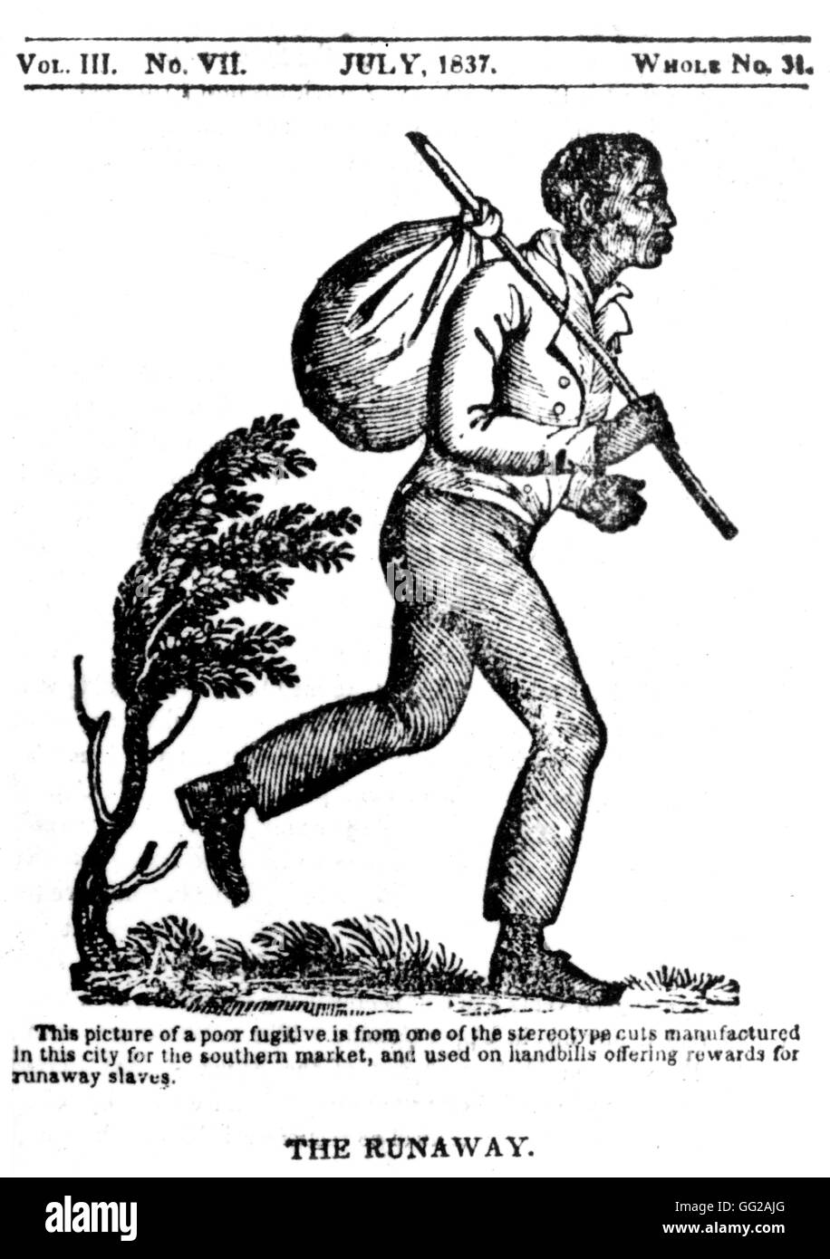 Il Runaway. Incisione su legno usato su da locandine che offre ricompense a coloro che hanno trovato Fugitive Slave 1837 Stati Uniti Washington. La biblioteca del congresso Foto Stock