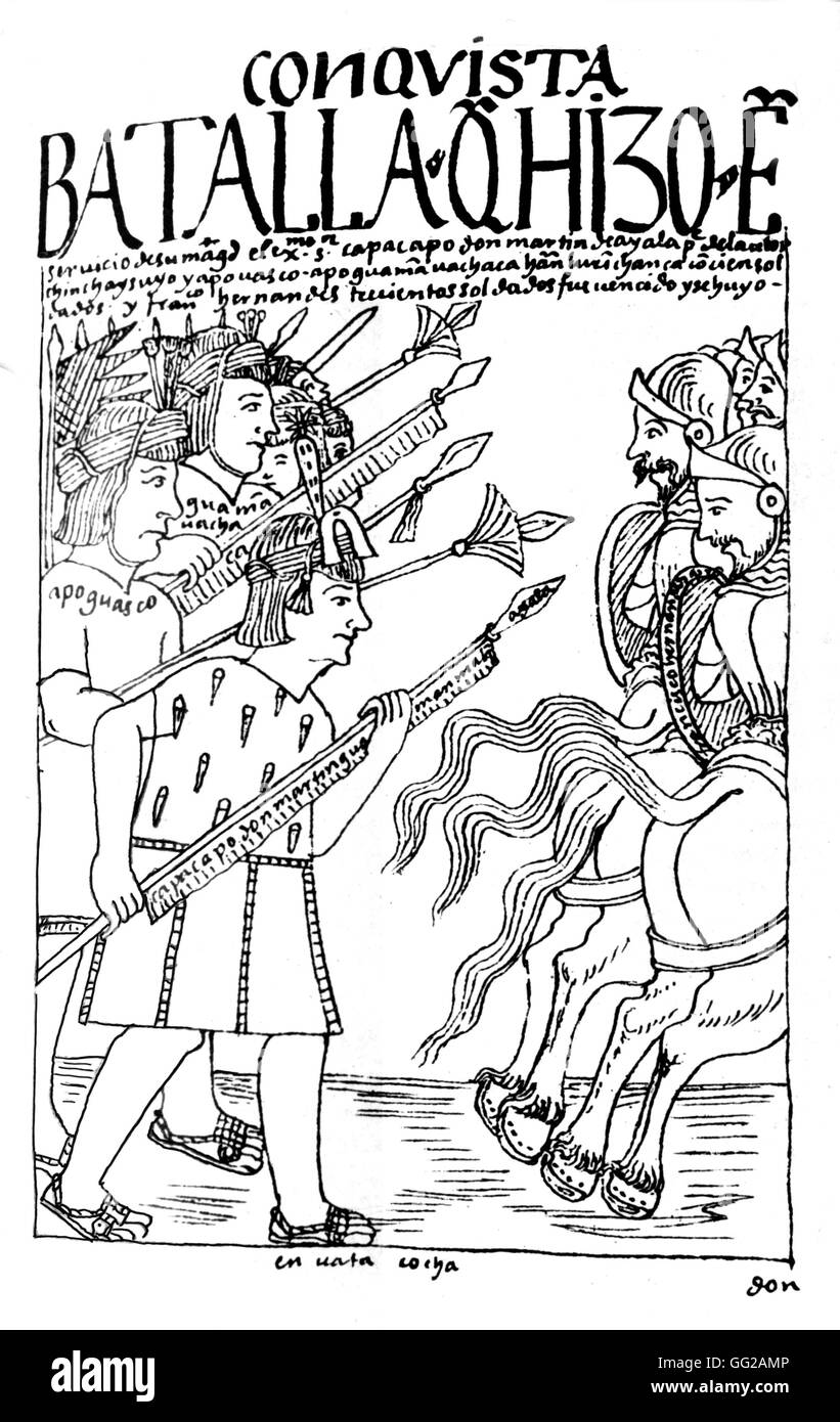 Cronache di Huaman da Poma de Ayala: battaglia tra gli Spagnoli e gli indigeni. Manoscritto peruviano del XVI secolo il Perù Foto Stock