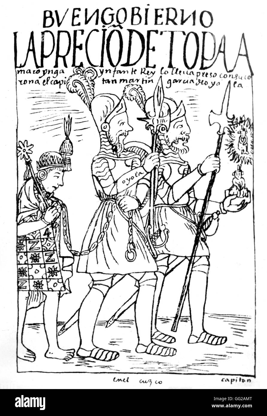 Cronache di Huaman da Poma de Ayala: Spagnolo vittoria su i nativi. Manoscritto peruviano del XVI secolo il Perù Foto Stock
