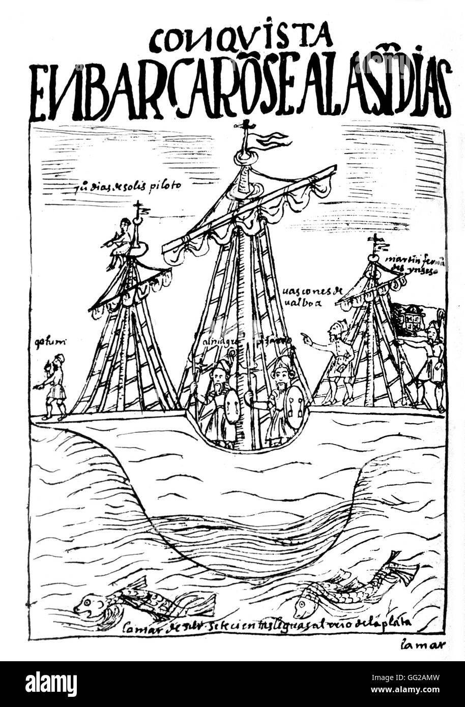 Cronache di Huaman da Poma de Ayala: Almagro e Pizarro imbarco. Manoscritto peruviano del XVI secolo il Perù Foto Stock