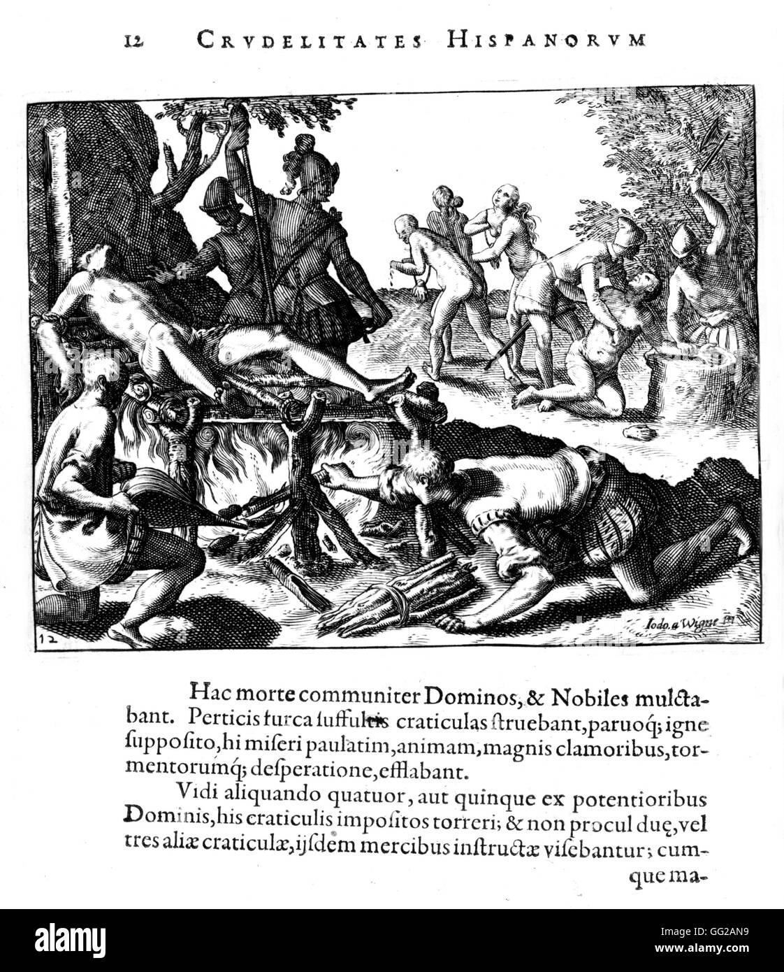 Incisione di Théodore de Bry Bartholomé de Las Casas. La crudeltà di uomini Spagnolo in America 1598 Foto Stock