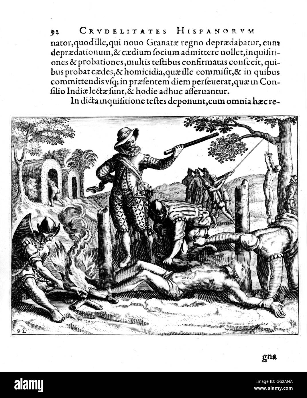 Incisione di Théodore de Bry Bartholomé de Las Casas. La crudeltà di uomini Spagnolo in America 1598 1598 Foto Stock