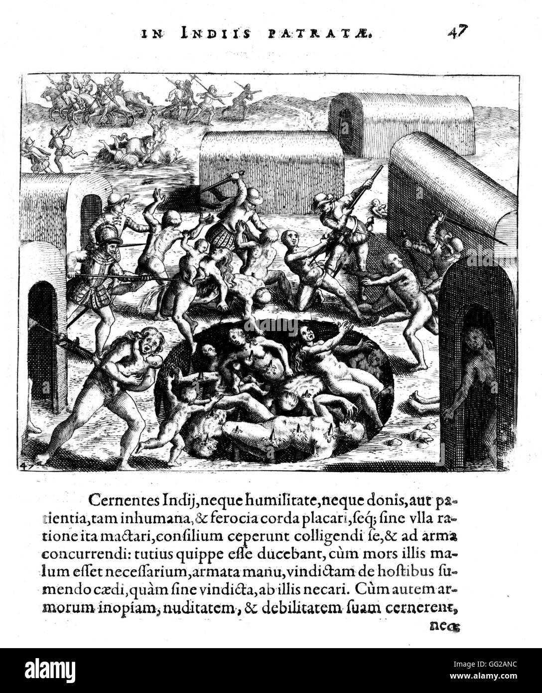 Incisione di Théodore de Bry Bartholomé de Las Casas. La crudeltà di uomini Spagnolo in America 1598 Foto Stock