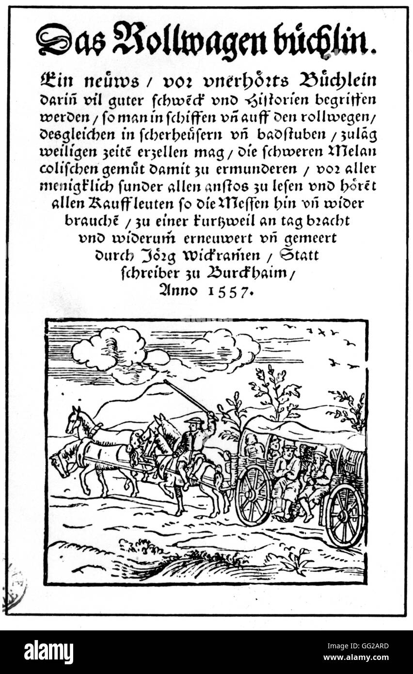 Il tedesco favola popolare 'Dcome Rollwagen Buchlin", scritto da Jorg Wickramen nel 1557. Incisione su legno Foto Stock