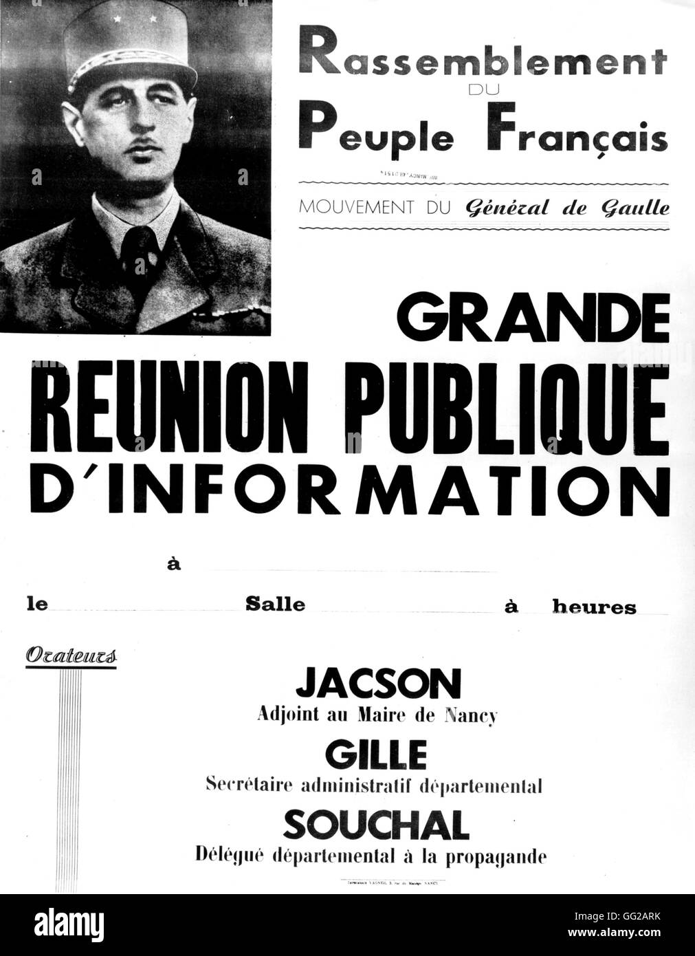 R.P.F. poster (De Gaulle della circolazione). Grande riunione pubblica per informazioni 1947 Francia Foto Stock