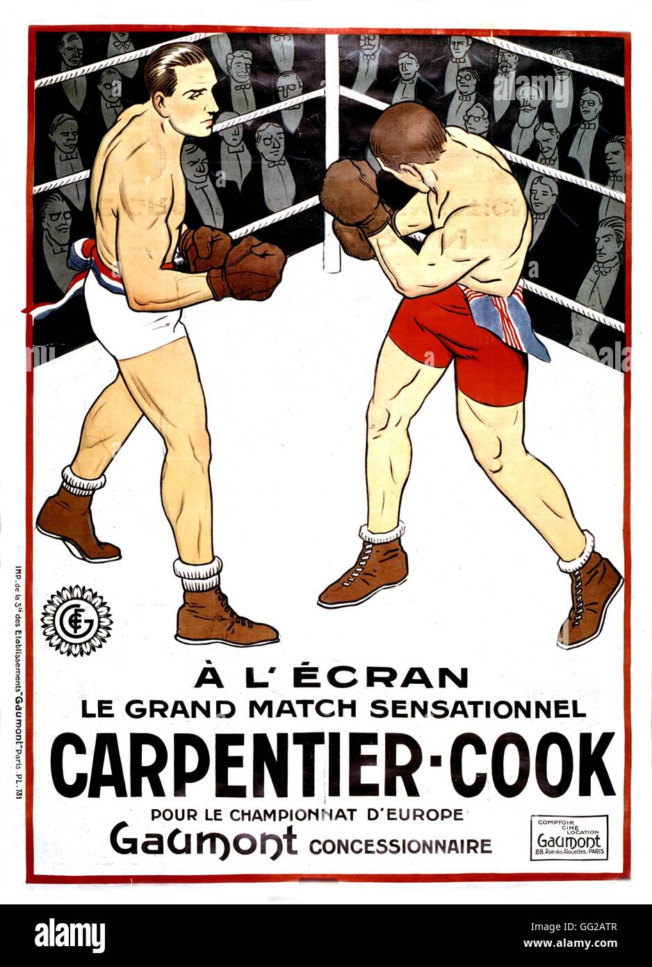 Il poster di un filmato di circa un incontro di pugilato Carpentier-Cook 1920 Francia Foto Stock