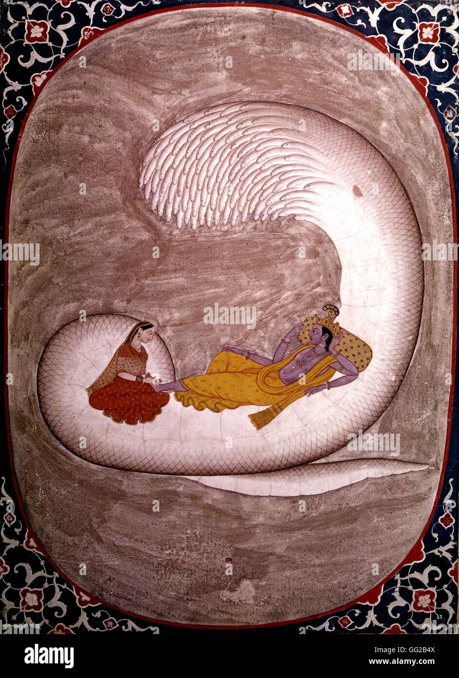 Miniatura indiana che rappresenta una coppia: Vishnu e Lakohmi poggiante su Sesha, il serpente con mille capi del xviii secolo India collezione privata Foto Stock
