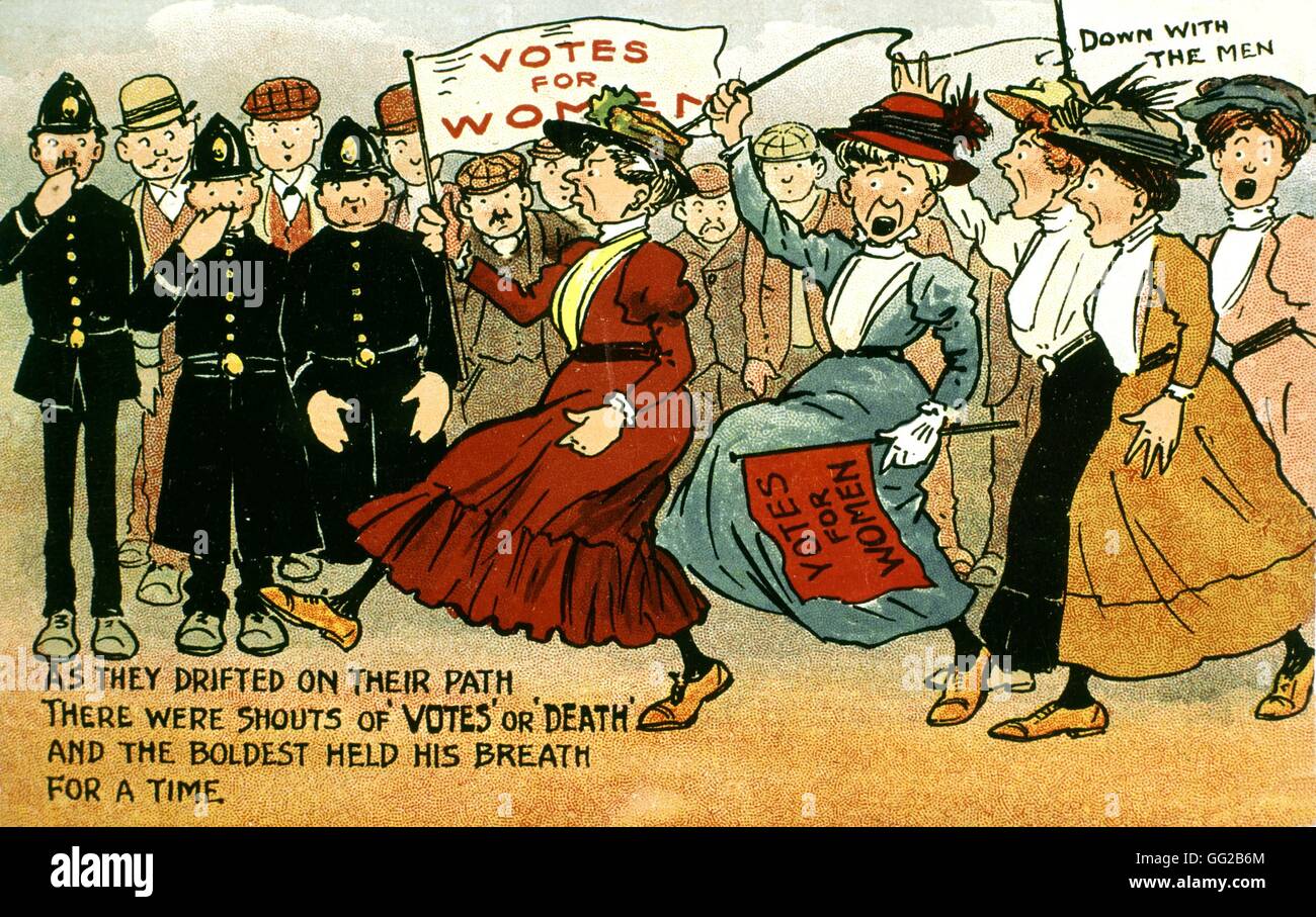La caricatura di suffragettes inglese dei primi del XX secolo in Inghilterra Parigi, Bibliothèque Marguerite Duras Foto Stock