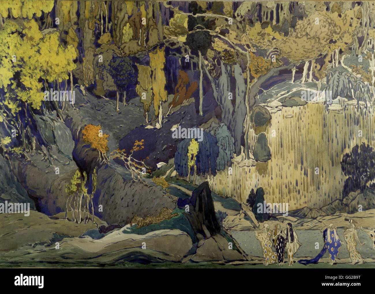 Léon Bakst scenografia progetto per il gioco teatrale "Il pomeriggio di un Fauno". La musica di Debussy. La coreografia di Nijinski 1912 Francia Parigi. Musée d'Art moderne Foto Stock