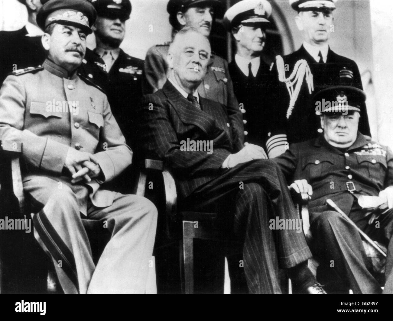 Conferenza di Teheran. Dalla l. r.: Joseph Stalin, Franklin D. Roosevelt e Winston Churchill 1943 Iran - Seconda Guerra Mondiale Foto Stock