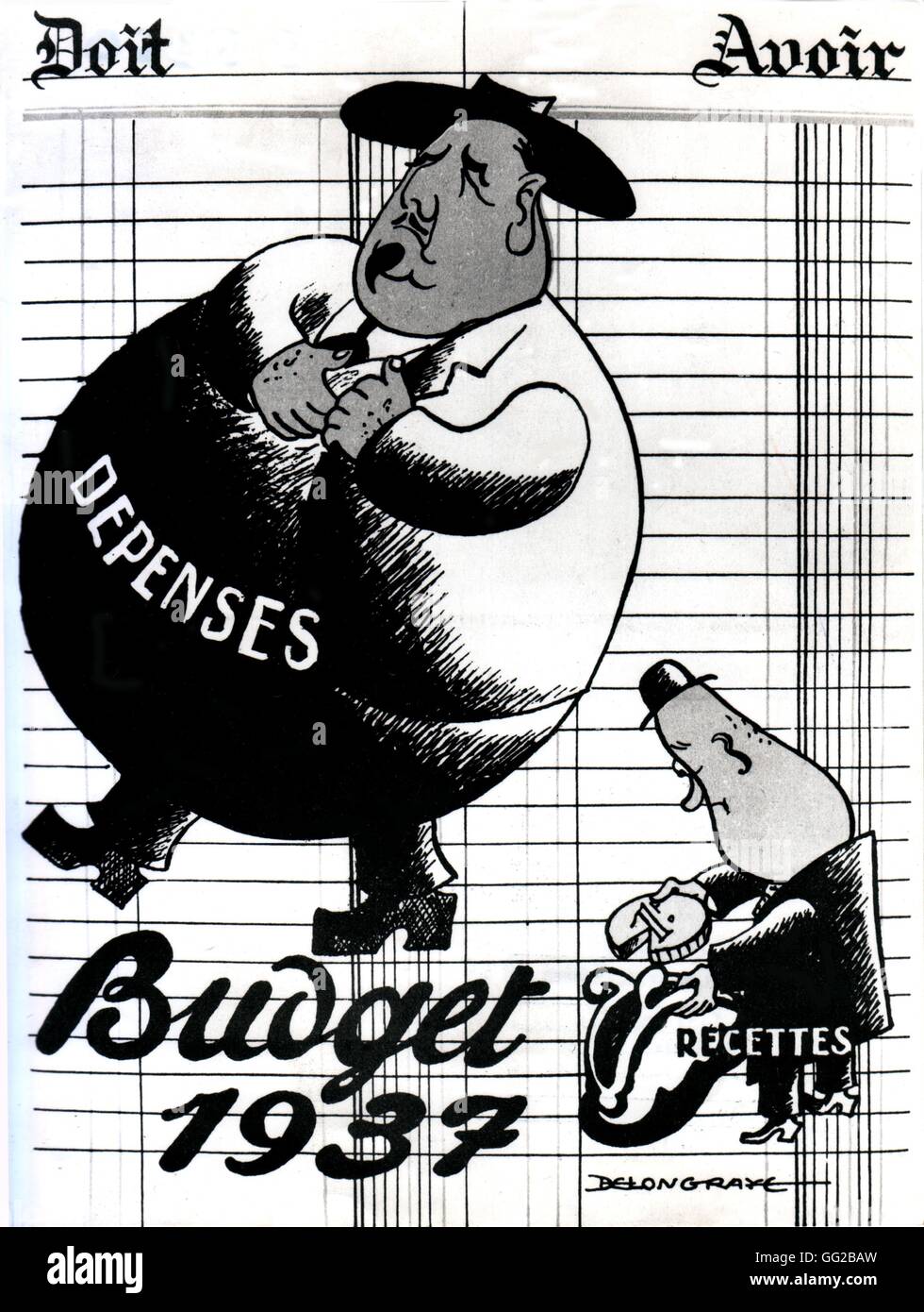 La caricatura da Delongrave contro i francesi sindacalista Léon Jouhaux e il bilancio francese dell'anno 1937. Poiché l'ascesa al potere del Fronte popolare nel 1936, Jouhaux ha partecipato a diverse riforme (ferie pagate, settimana di 40 ore, ecc.). Foto Stock