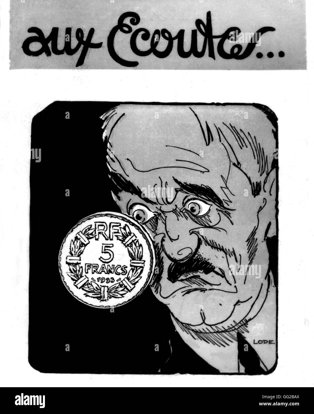 Vignetta satirica da Lode sul francese la crisi monetaria del 1936. Esso rappresenta il presidente francese del Fronte Popolare Léon Blum guardando una moneta di 5 franchi. A. 'Le Charivari', 1936 Foto Stock