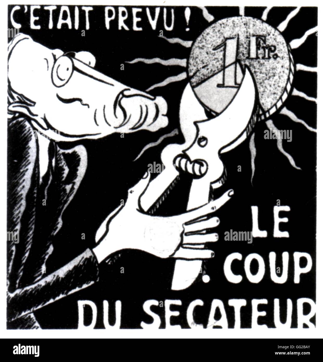Vignetta satirica contro Léon Blum e il Fronte popolare circa la svalutazione del franco francese nel mese di ottobre 1, 1936. in 'Le Charivari' Foto Stock