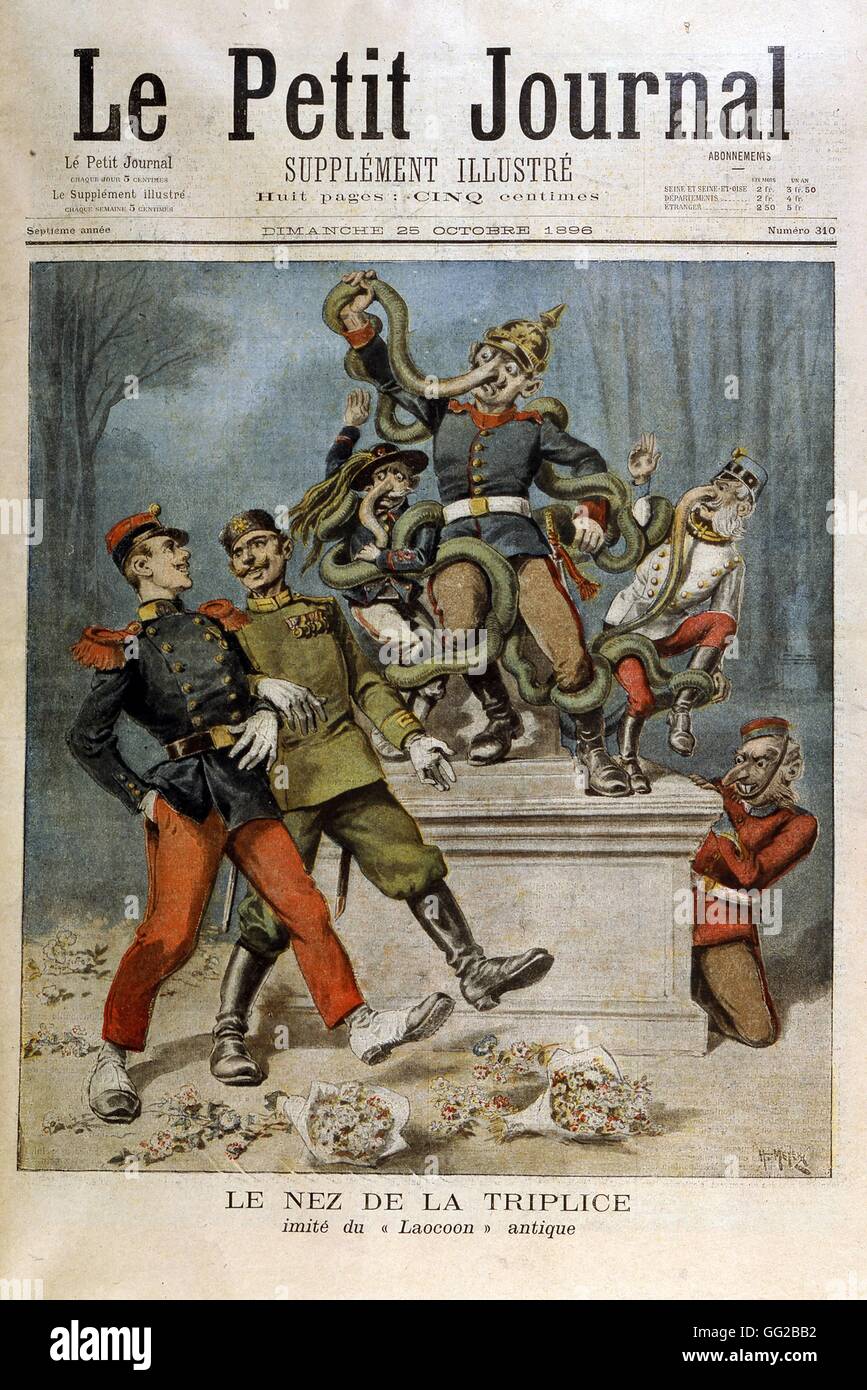 Vignetta satirica in "Le Petit Journal' circa la "triplice". Alleanza tra Germania, Austria e Italia. 1896 Francia Foto Stock
