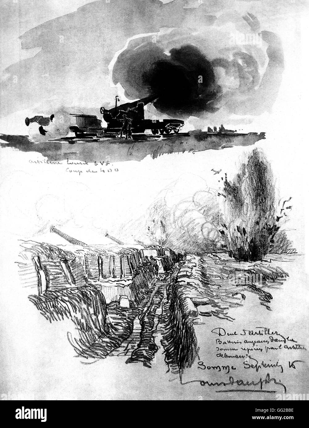 Artiglieria pesante e artiglieria Battaglia delle Somme illustrazione di Louis Dauphin Settembre 1916 Francia, I Guerra Mondiale Bruxelles, il Museo della Guerra Foto Stock