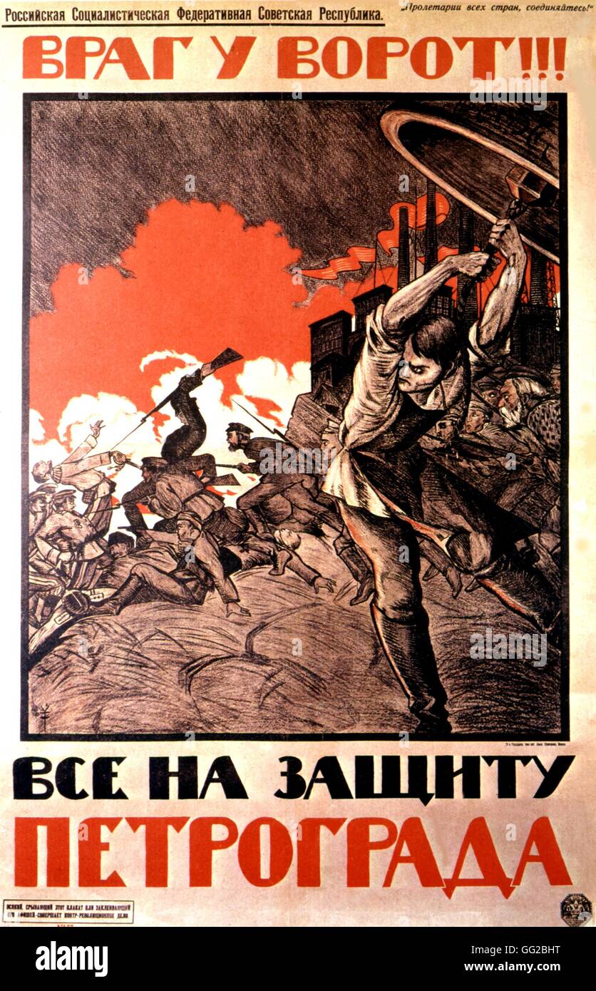 Poster di propaganda da Nikolaï Kochergin: "Il nemico è presso la porta della città. Difendere Petrograd'. 106 x 71 cm 1919 U.R.S.S. Foto Stock