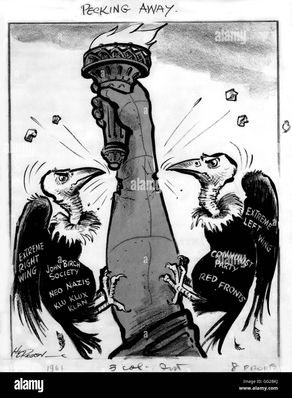 Vignetta satirica, la Statua della Libertà ha attaccato di estrema destra e di estrema sinistra degli Stati Uniti di Washington del 1961, la Biblioteca del Congresso Foto Stock