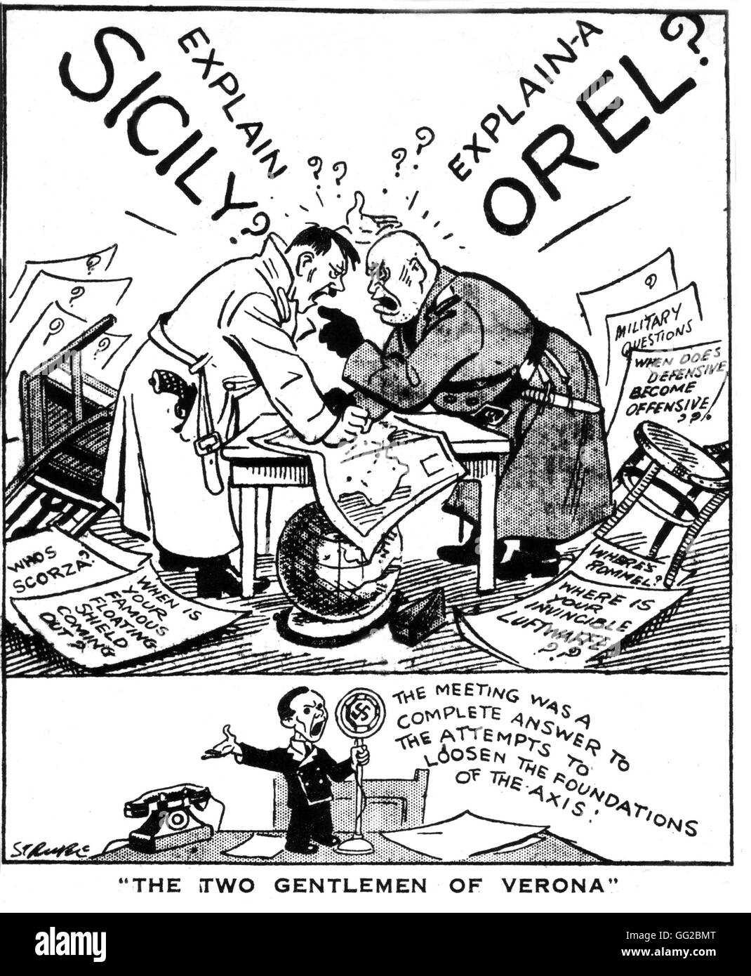 Satircal cartoon pubblicato nella 'Daily Express'. Hitler e Mussolini e Goebbels Luglio 22, 1943 Seconda Guerra Mondiale Foto Stock