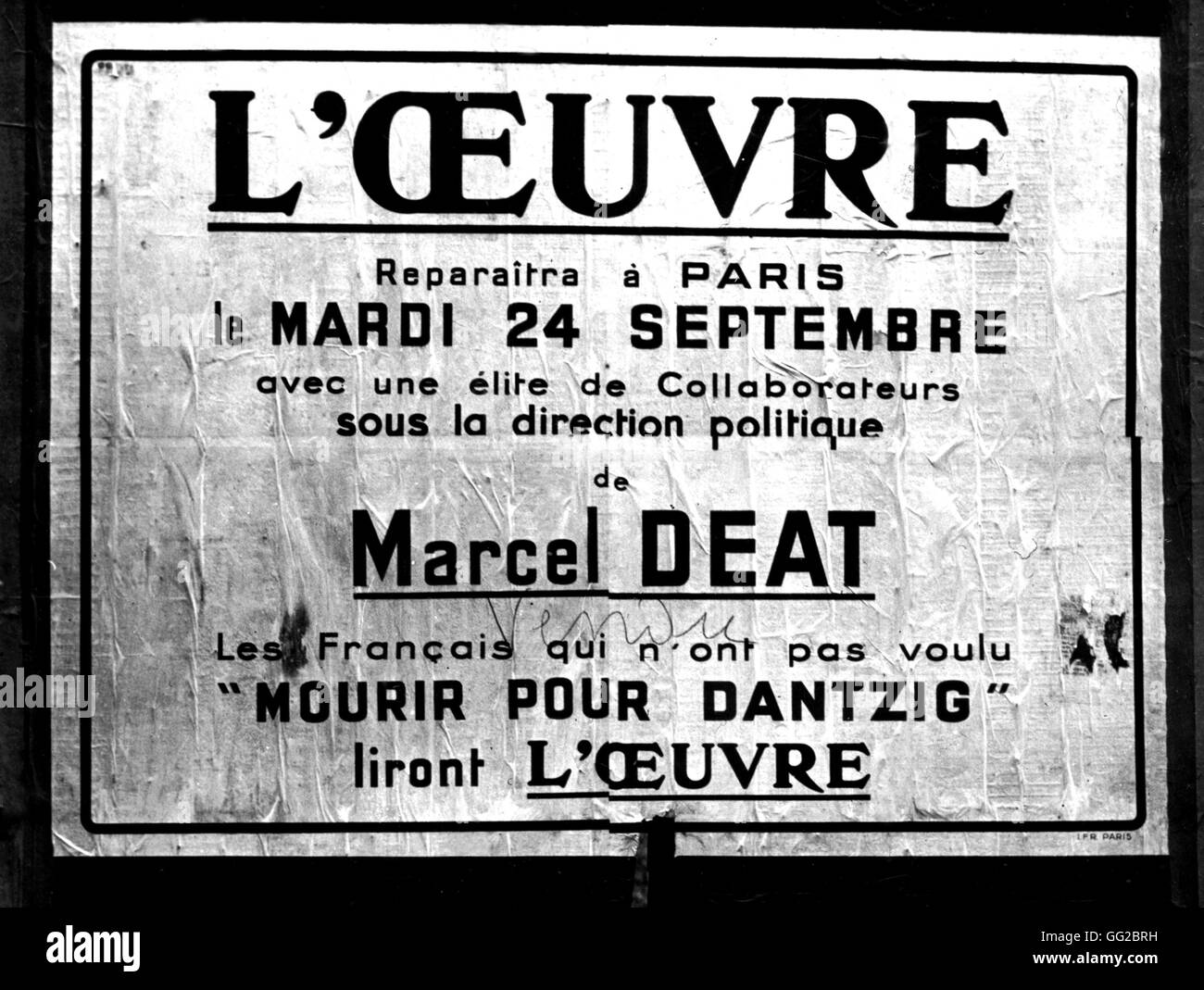 Poster pubblicitario per il quotidiano 'L'Oeuvre" da Marcel Deat, fondatore della R.N.P. (Popolare Rally nazionale) ottobre 1940 FRANCIA - SECONDA GUERRA MONDIALE Foto Stock