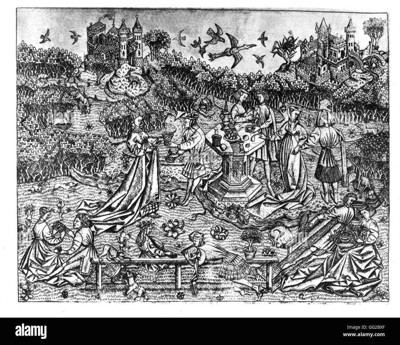Incisione anonima, il giardino di amore del XV secolo in Francia Parigi - B.N. Foto Stock